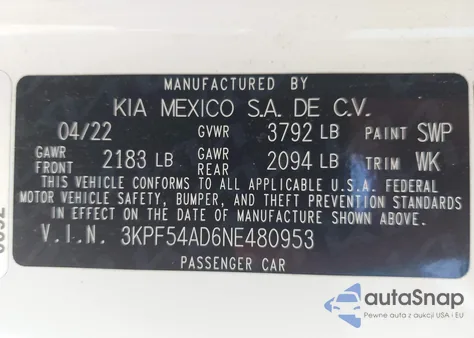 2022 Kia Forte Gt-Line из США, поврежденный, VIN 3KPF54AD6NE480953